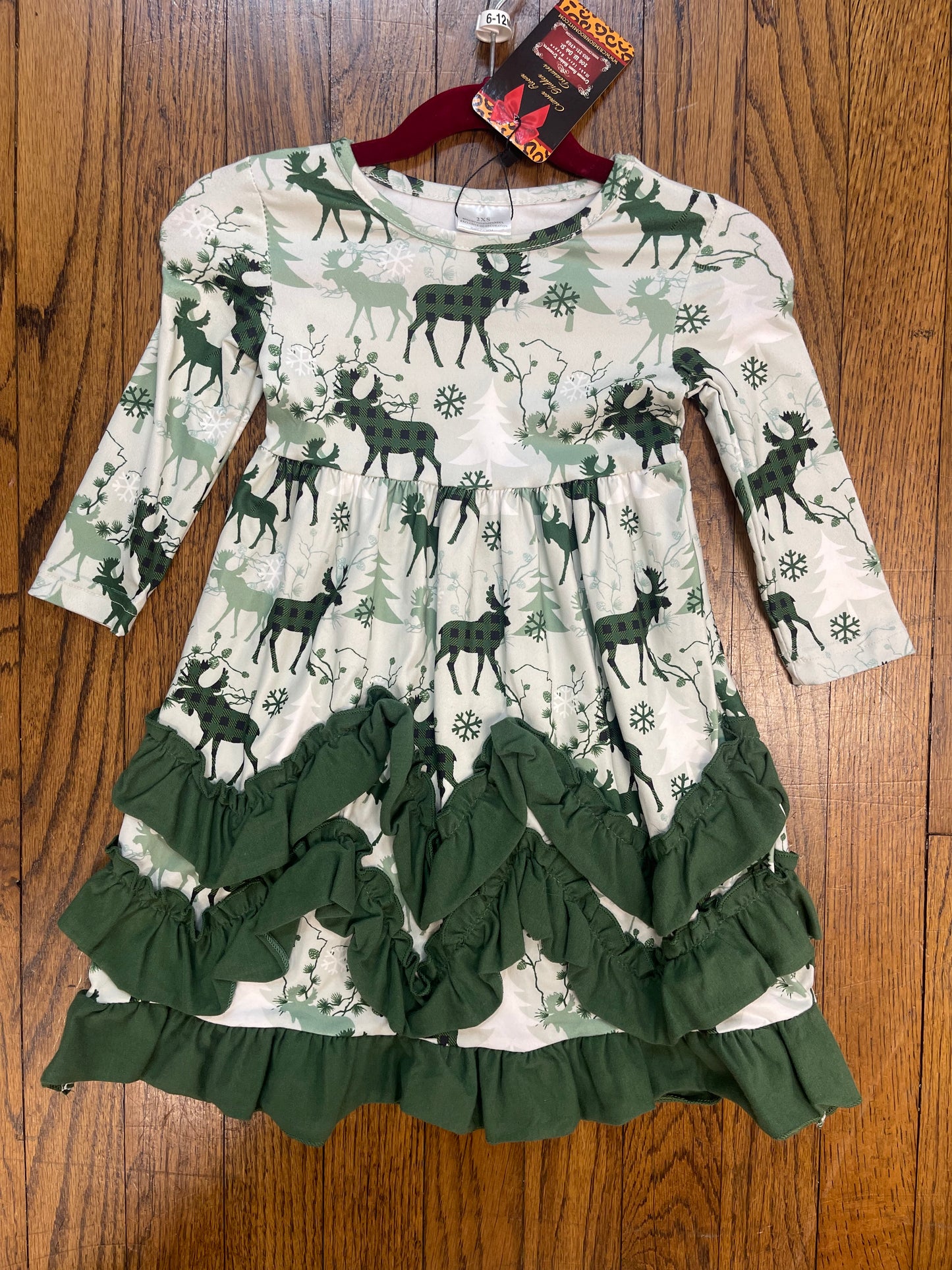 Green Christmas Moose Layered Ruffle Bottom Dress