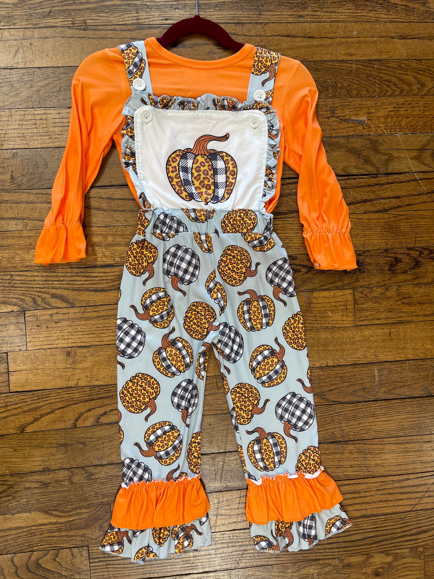 Long Sleeve Orange Top w/ Cheetah Print and Black & White Checkered Print Pumpkin Themed Over-Alls Halloween/Thanksgiving