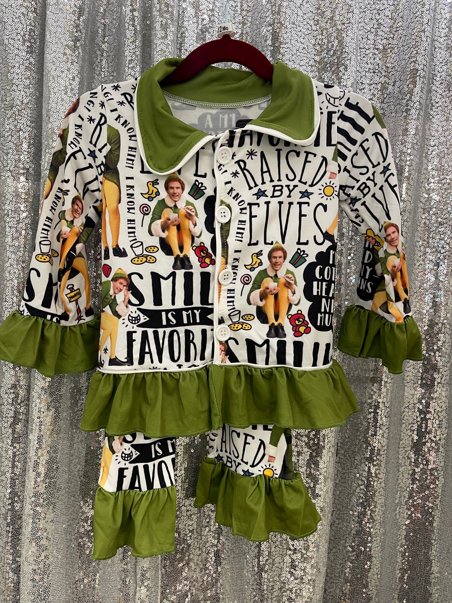 Elf Ruffle Bottom Button Up PJs Christmas