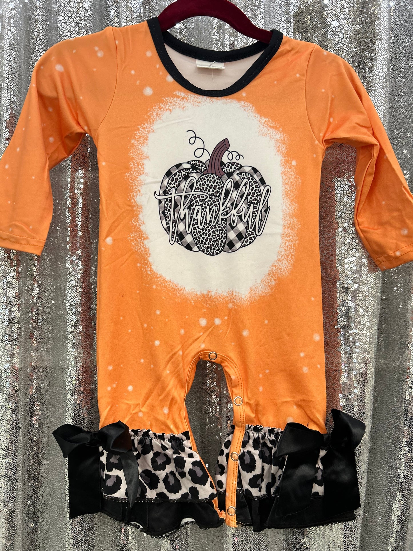 Long Sleeve “Thankful” Cheetah Pumpkin Romper w/ Black Bows