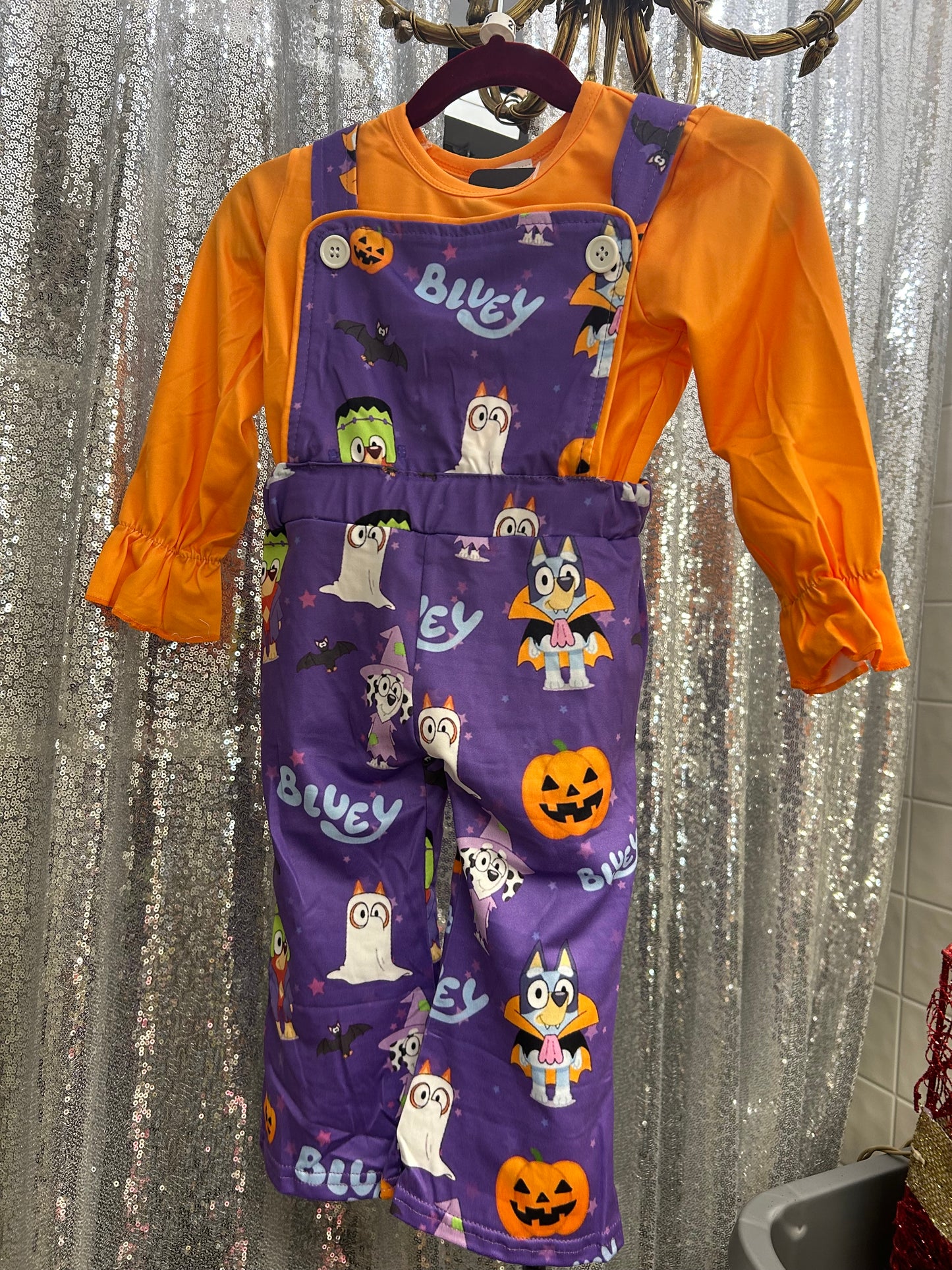 Bluey Halloween Overalls w/ Orange Long Sleeve Shirt