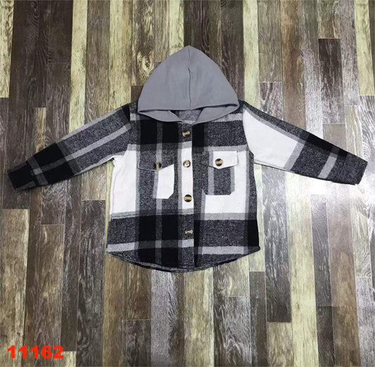 Black and White Plaid Long Sleeve Fleece Hooded Shirt