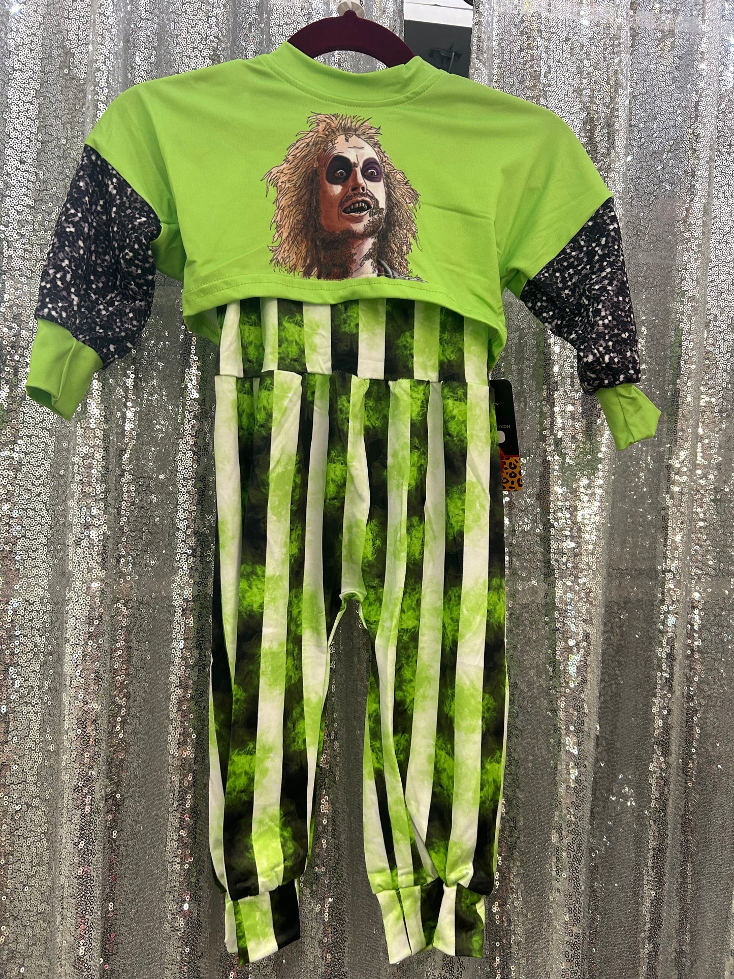 Green Long Sleeve Beetlejuice Crop w/ Black and White Striped Romper