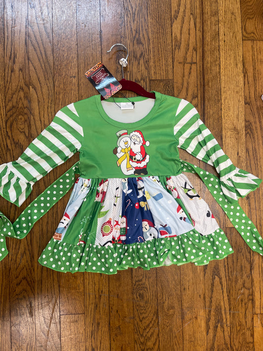 Long Sleeve Christmas Santa and Snowman Twirl Dress