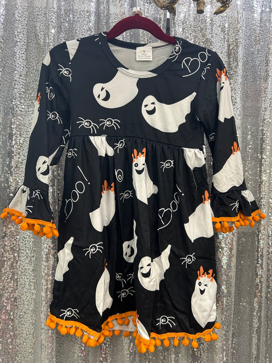 Long Sleeve Ghost “Boo” Dress w/ Orange Pompoms