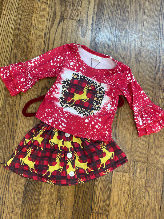 Christmas Reindeer Buffalo Plaid Skirt Set