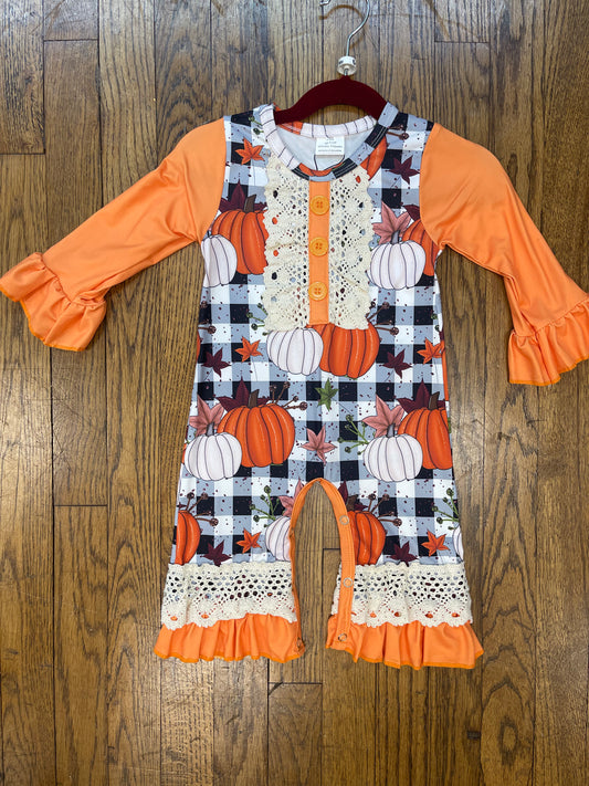 Long Sleeve Raglan Ruffled Pumpkin Romper/Onesie