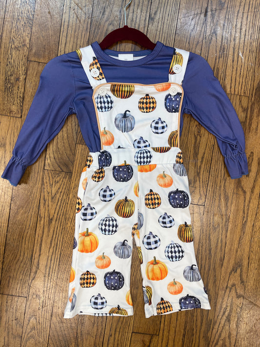 Long Sleeve Blue Top w/ Pumpkin Over-Alls