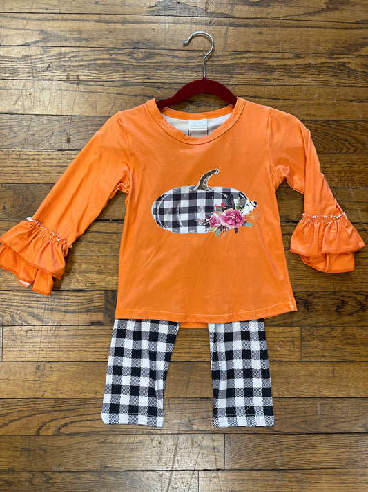 Orange Long Sleeve w/ Black and White Checkered Pumpkin and Leggings