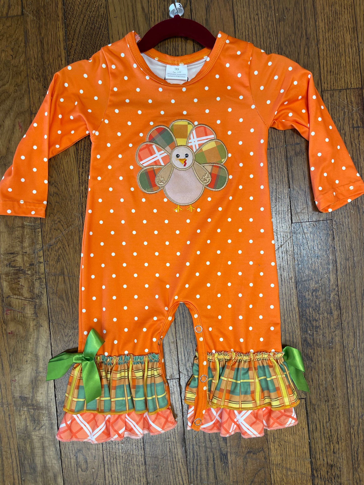 Long Sleeve Orange Polkadot Thanksgiving Turkey Romper