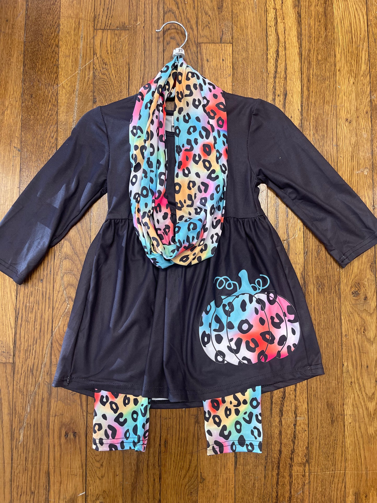 Black Long Sleeve Rainbow Pumpkin Dress w/ Matching Leggings and Scarf