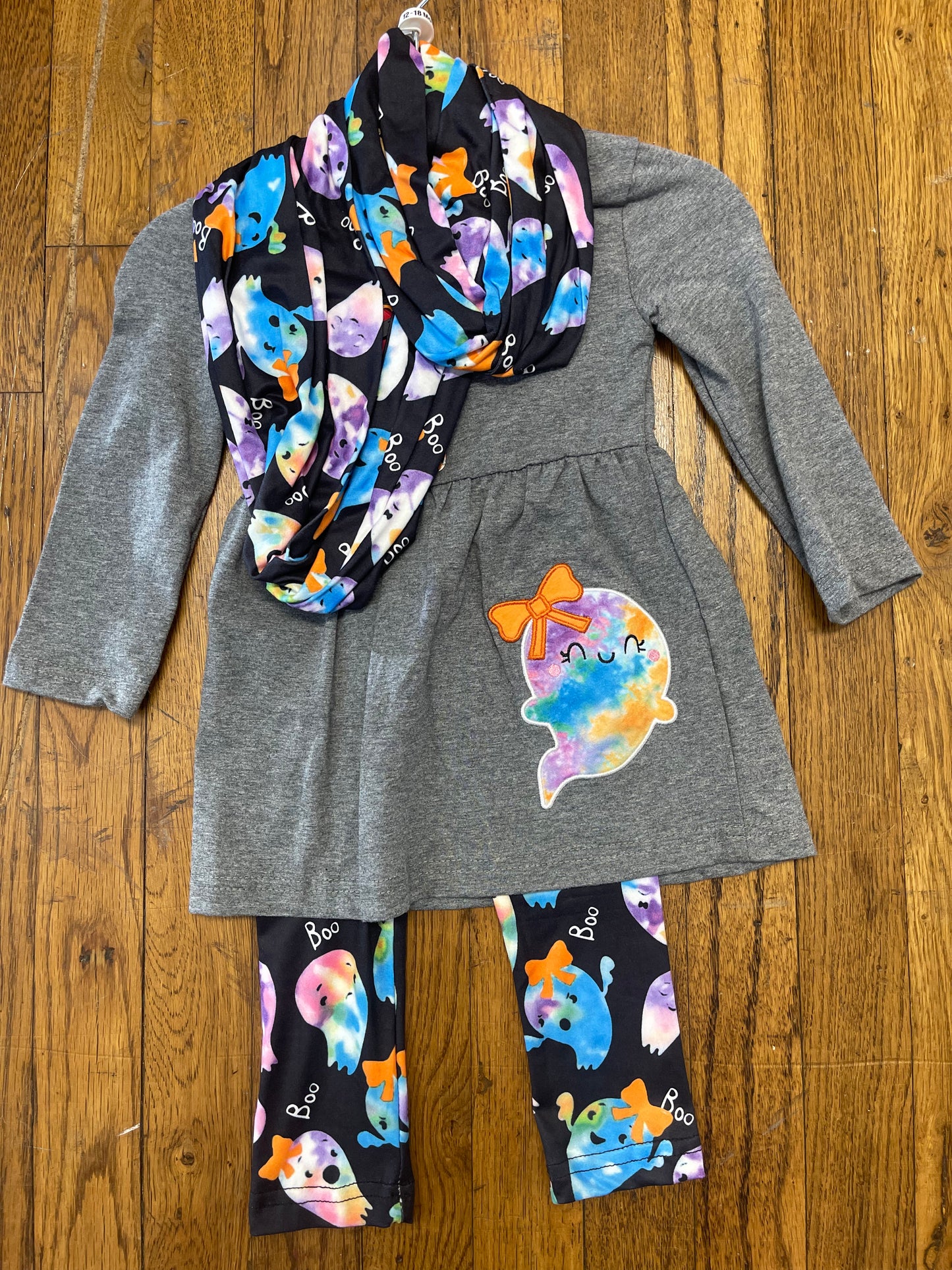 Grey Long Sleeve Ghost Dress w/ Leggings and Matching Scarf