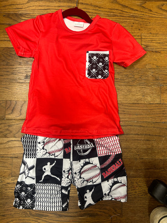 Red Baseball Shorts Set