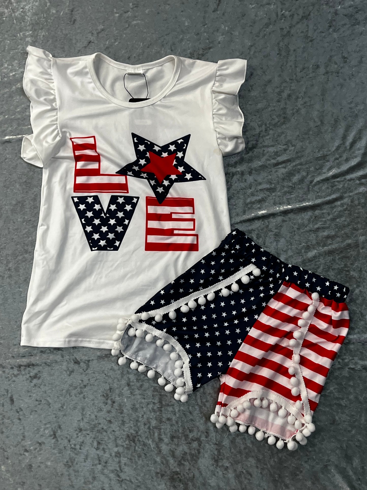 LOVE Red, White and Blue Pom Pom Shorts Set