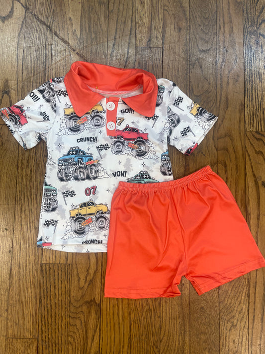 Collared Monster Truck Shorts Set