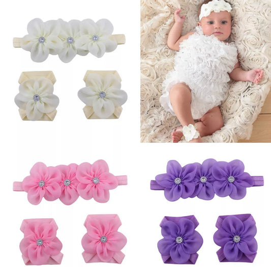 Infant Chiffon flower headband and footie set with rhinestone