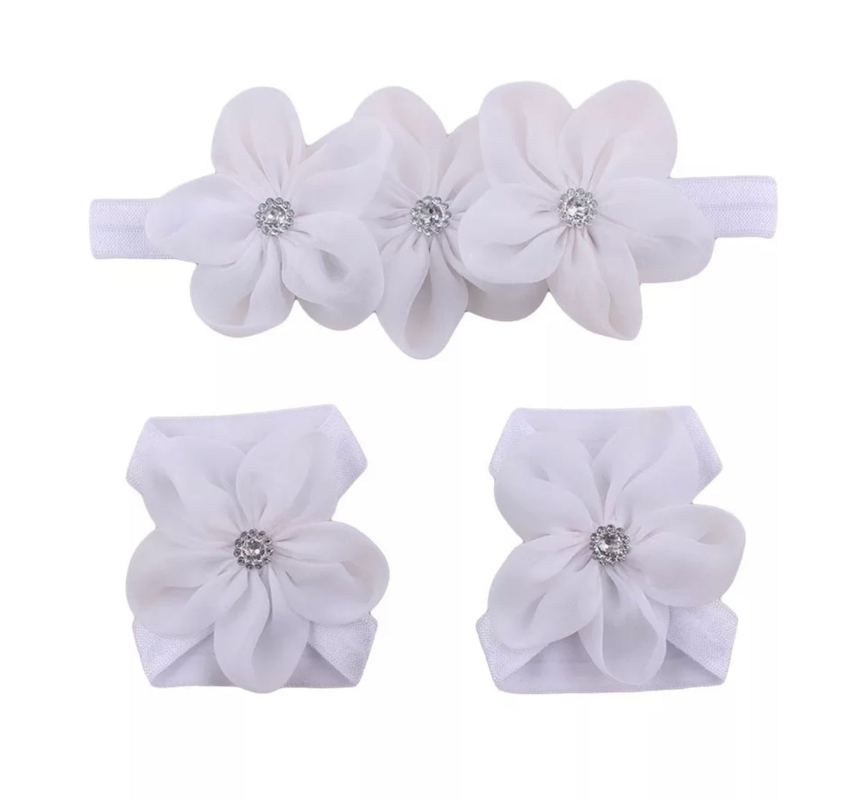 Infant Chiffon flower headband and footie set with rhinestone