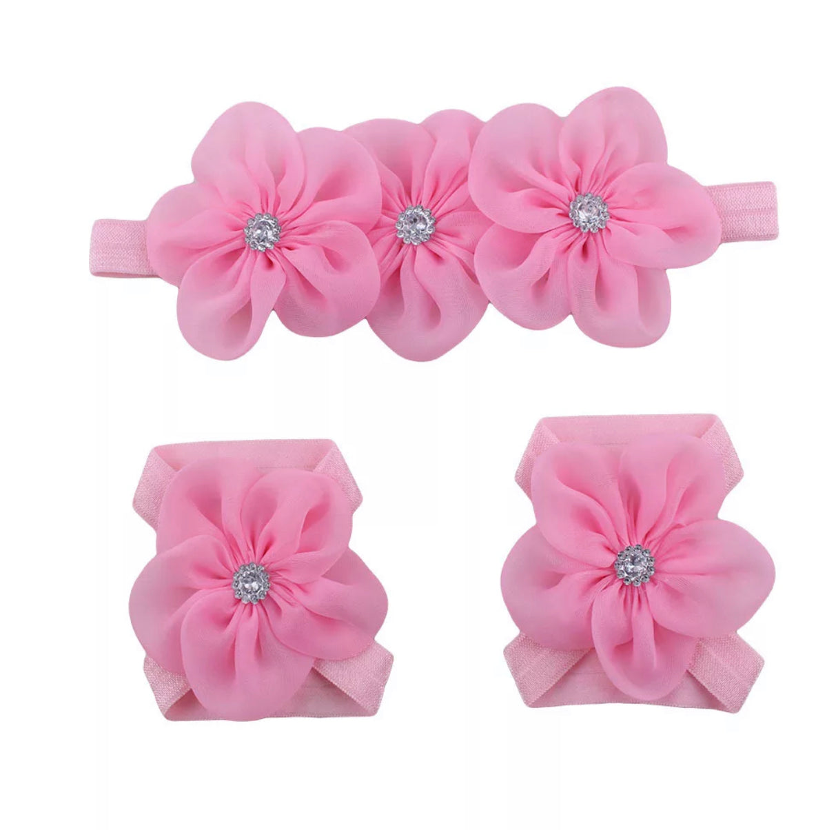 Infant Chiffon flower headband and footie set with rhinestone