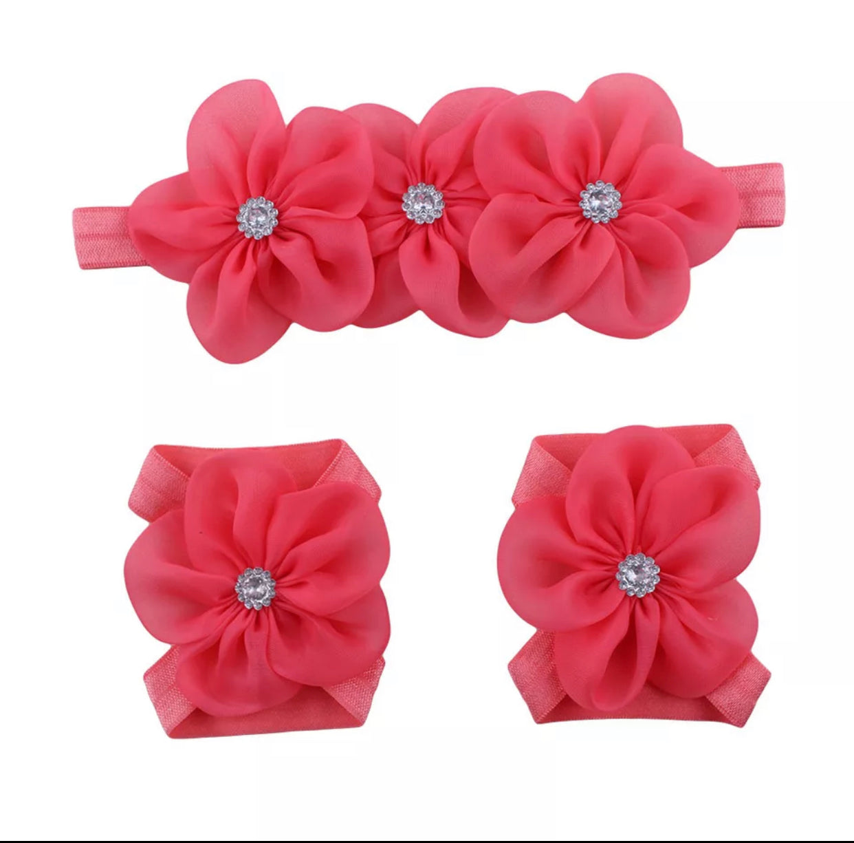 Infant Chiffon flower headband and footie set with rhinestone