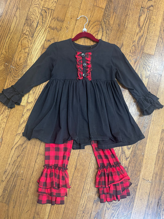 Buffalo Plaid & Black Ruffle Pants Set