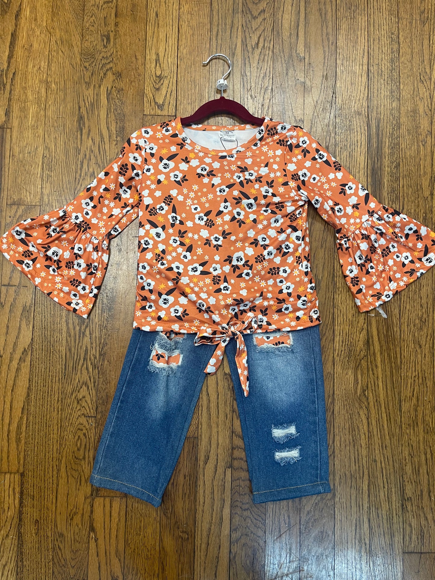 Orange & White Flower Tie shirt & Peek-a-boo Jean