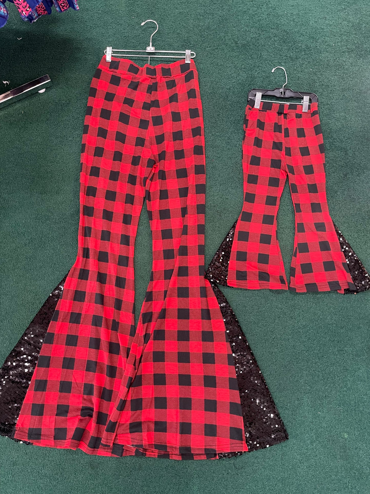 Red Buffalo Plaid w/ Black Sequin Mommy & Me Bellbottom Pants